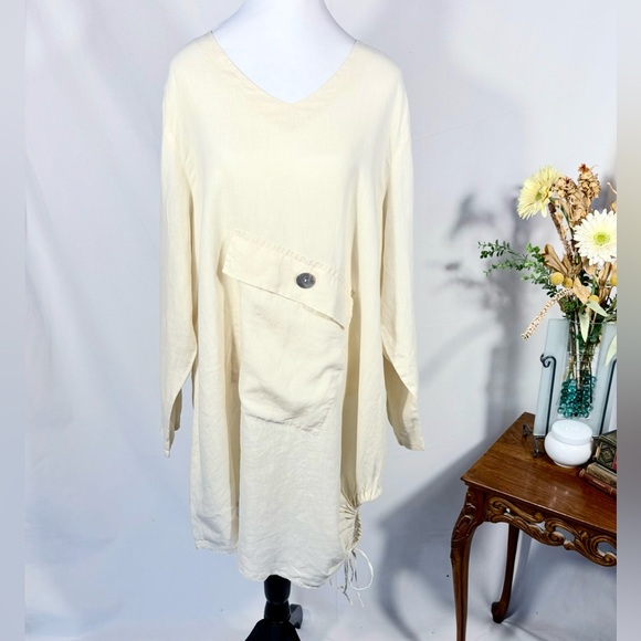 Match Point Linen Asymmetrical Pocket Tie Side Shirtdress Soft Yellow~XL 🧡 - Picture 2 of 12
